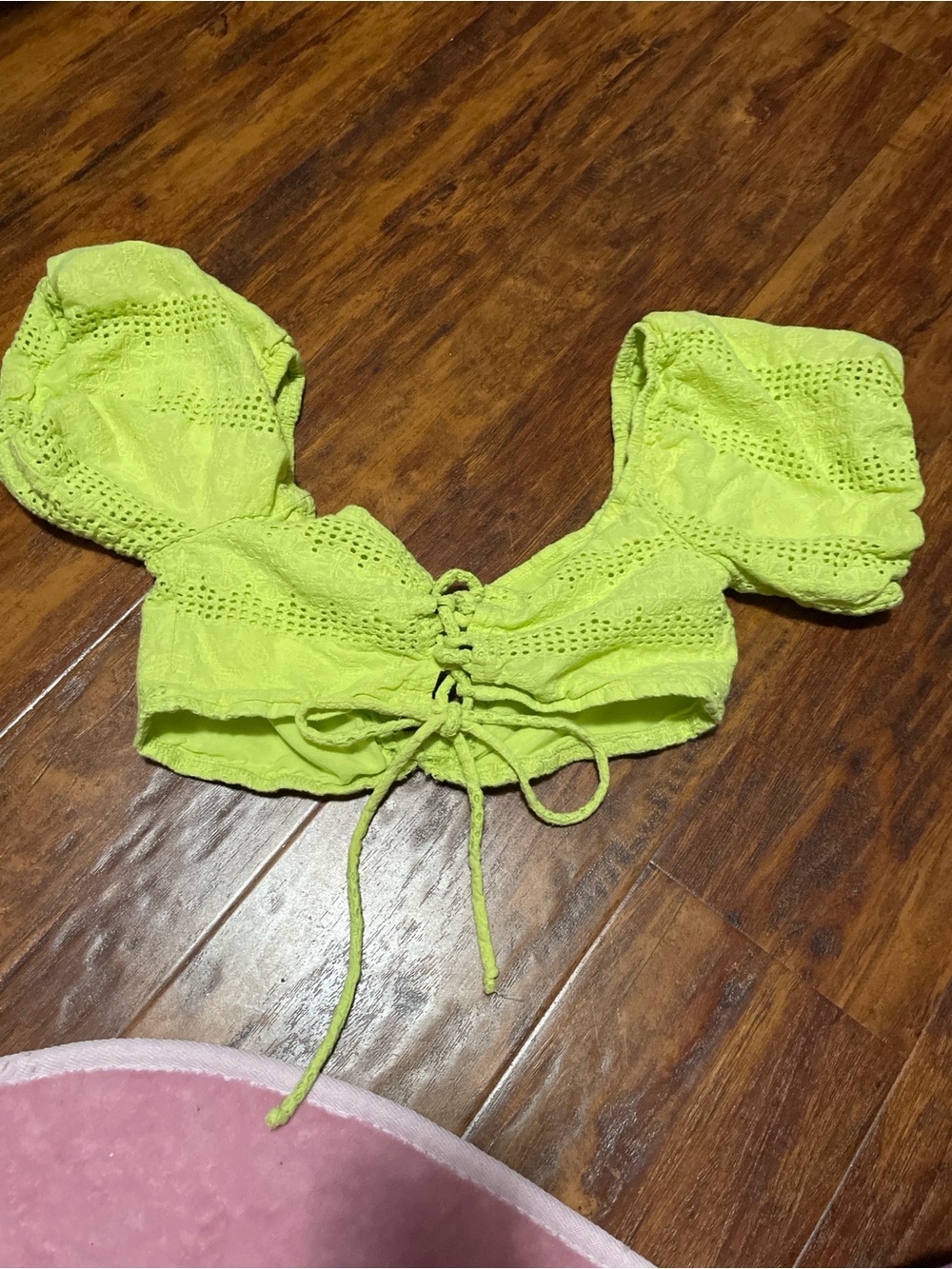 wild fable Neon Lime Eyelet Lace-Up Puff Sleeve Crop Top small